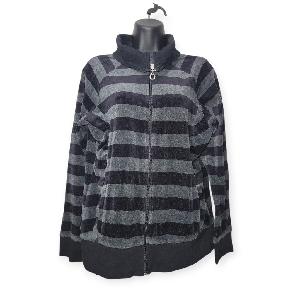 ☀️ New York & Company Velour Striped Zip Up Jacket Women's Large Gray Black